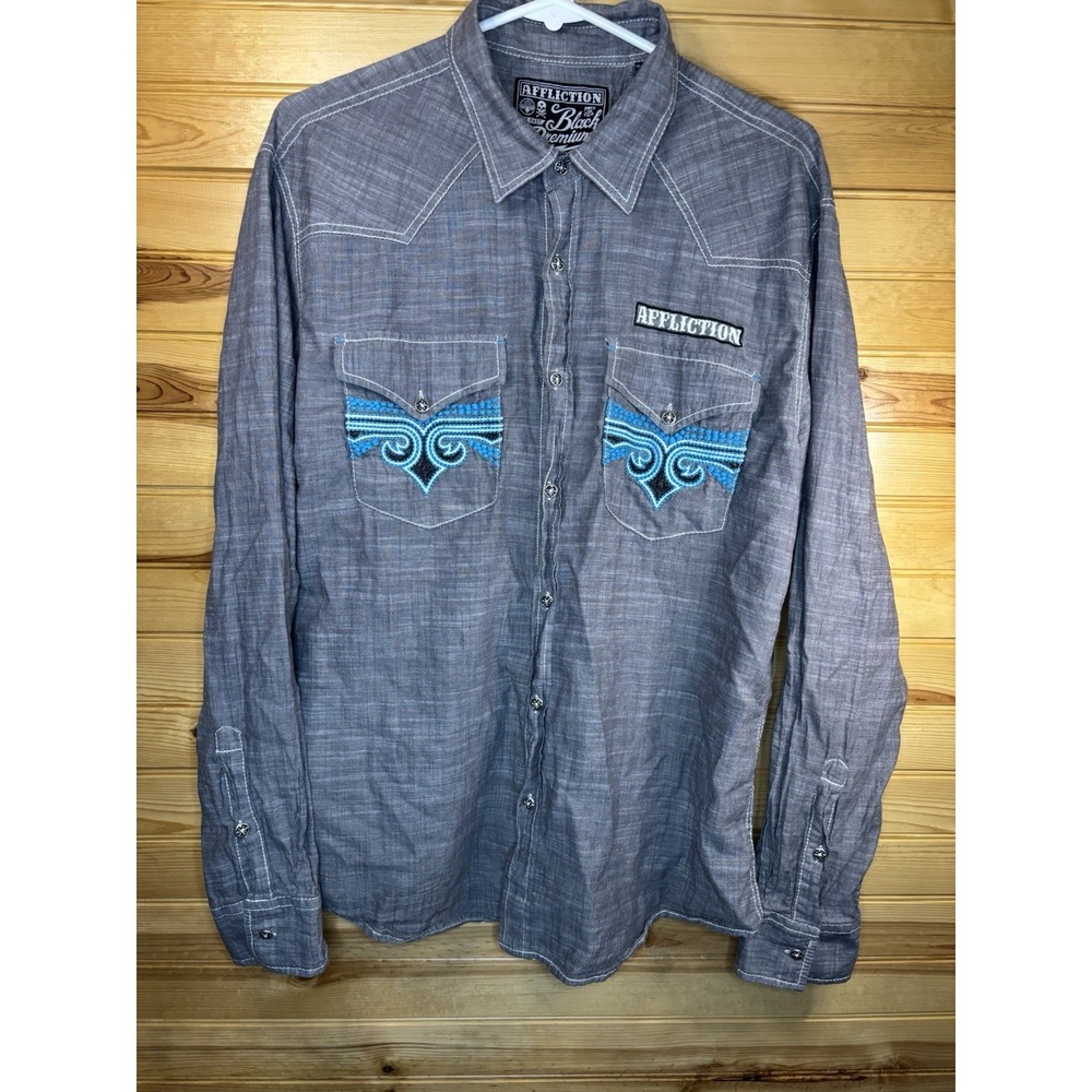 Affliction Shirt Mens XL Slim Gray Buckle Black Premium Embroidered Button Up - Picture 2 of 8